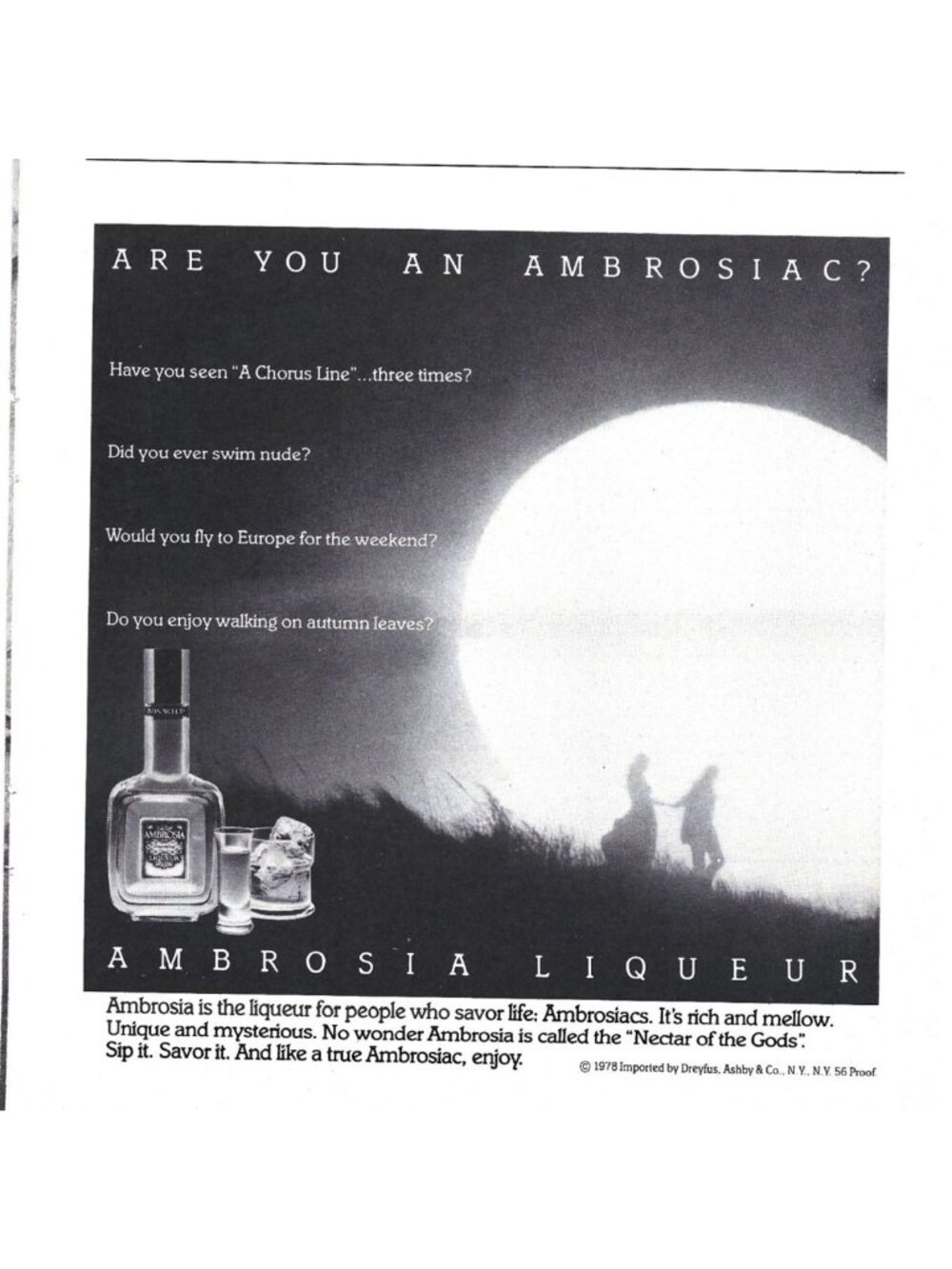 Print Ad Ambrosia Liqueur 1978 Moonlit Couple Rich Mellow Vintage Cocktail Bar